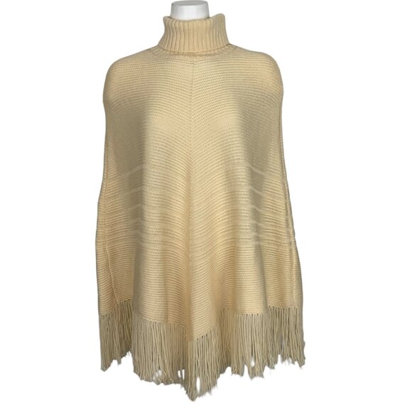 Banana Republic Vintage Merino Wool Turtleneck Fringe Poncho Sweater XS/S Cream - Picture 1 of 13